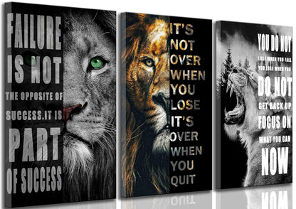 3 Pieces Office Inspirational Canvas Wall Art Modern Motivational Quotes Black And White Lion Pictures Wall Decor Inspiring Poster Print Artwork for Living room Man Room Bedroom Home Decoration