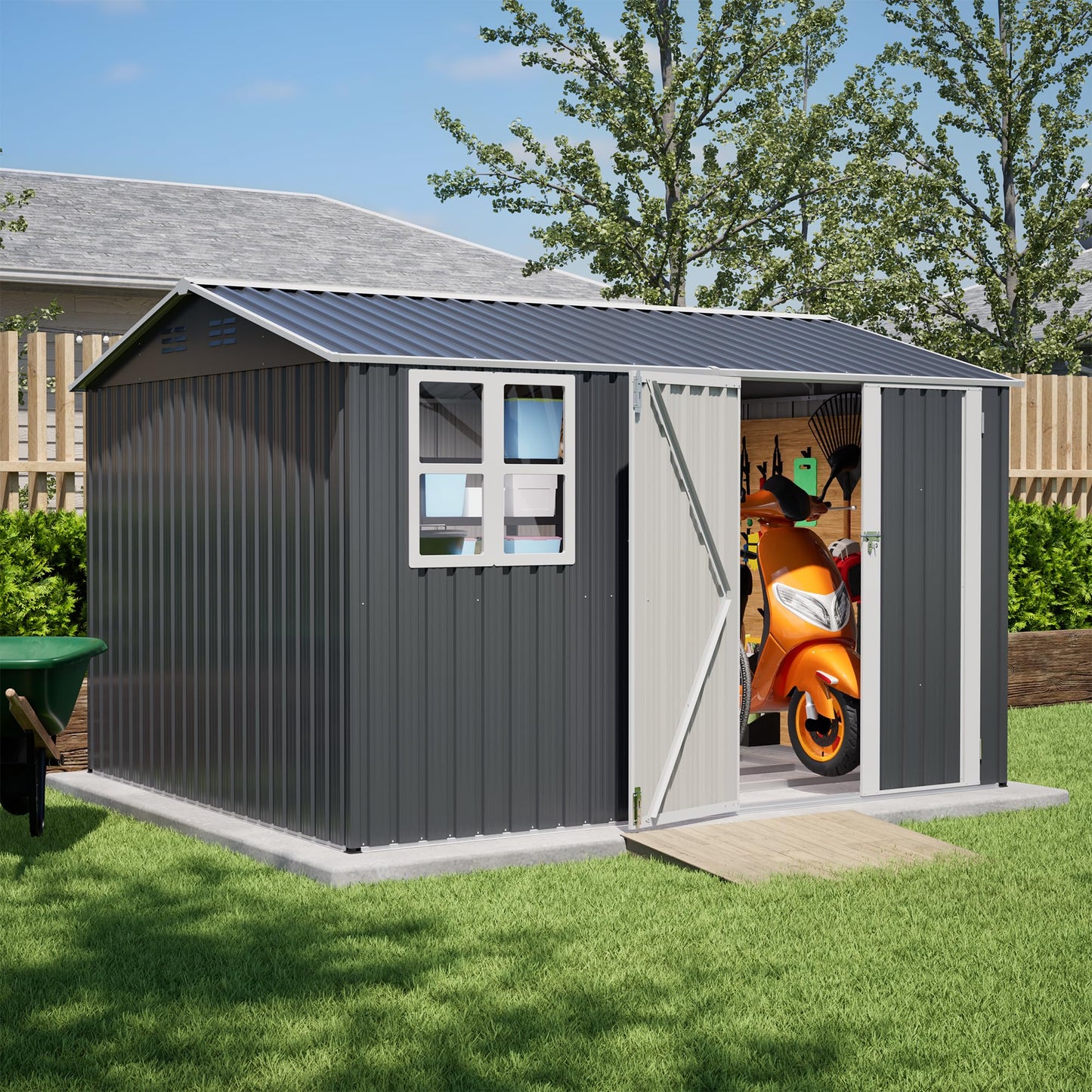 10'x8' Galvanized Steel Storage Shed with Raised Floor Base, Side Window & Top Vents, Lockable Double French Door Outdoor Garden Tool Shed, Gray