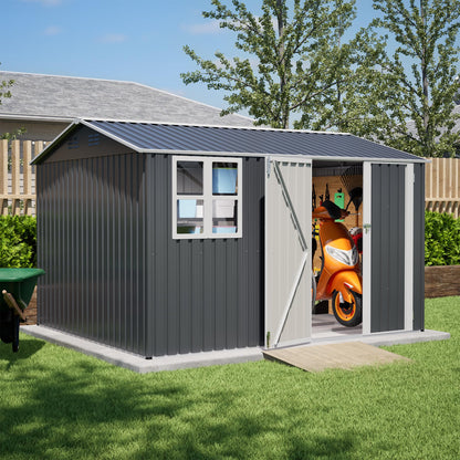10'x8' Galvanized Steel Storage Shed with Raised Floor Base, Side Window & Top Vents, Lockable Double French Door Outdoor Garden Tool Shed, Gray
