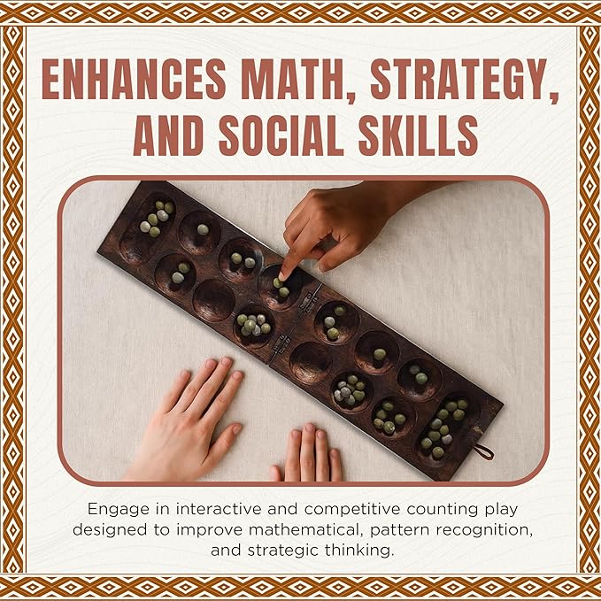 Africa Heartwood Project African Oware Mancala Board - Wooden Folding Mancala Square Shape Hand-Carved Solid Wood with Elephant Design 48 Seeds and Instructions Included