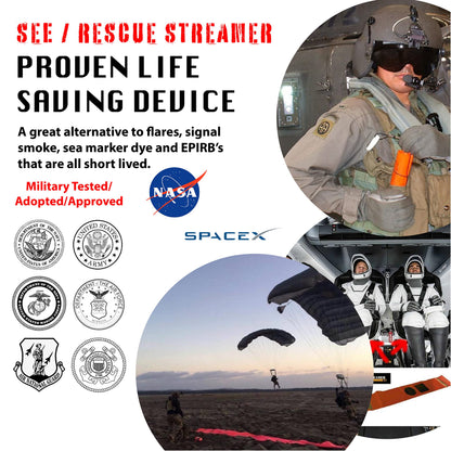 SEE/RESCUE Streamer Survival Tool - The Easy to Use, Portable Rescue Device to Use on Land, Sea, or Snow, Day or Night When Lost or Stranded to Provide Continuous Visibility, Large Lighted Streamer
