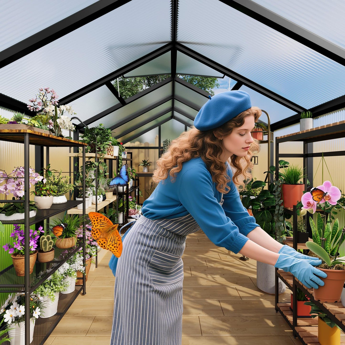 GarveeLife 6x8 FT Greenhouse for Outdoors, Polycarbonate Greenhouse with Roof Vent, Ground Nails, Lockable Push Door, Aluminum Large Walk-in Green House for Outside Garden Backyard, Patio, Lawn, Black