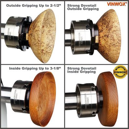 VINWOX 3-3/4INCH 4-Jaw Self-Centering Wood Lathe Chuck, 2" Round Jaw Mounted, 1"x8TPI thread & 3/4"x16TPI Adapter, Tightening Key, T Allen Wrench, Screw Chuck, SCK4-3.75, Nickle electric Coating Body