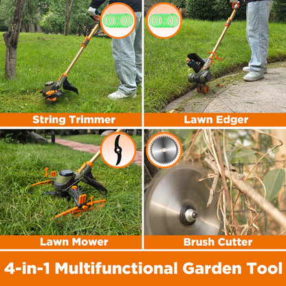 WeGofly 14" Electric Weed Wacker, 4 in 1 Cordless String Trimmer/Lawn Edger/Lawn Mower/Brush Cutter with Steel Gears, 2×21V 6.0Ah Batteries & Charger, Lightweight Grass Trimmer for Yard Garden