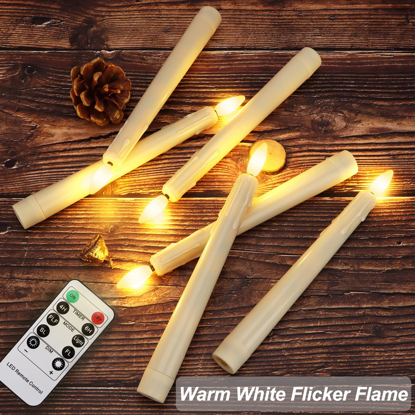 yunsheng Battery Operated LED Window Candles with Remote Timer, 8 Inches Ivory Flameless Taper Flickering Candles, Removable Black Candlesticks and Suction Cups, Holiday, Home Decor, 6 Pack