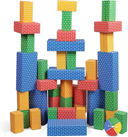NATIONAL GEOGRAPHIC Kids Jumbo Cardboard Building Blocks – 40 Heavy-Duty Bricks in 3 Sizes Build &amp Learn with Game Spinner &amp Activity Cards for Kids 3+ Indoor Play Construction Toy for STEM