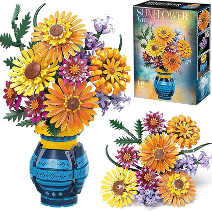 Flower Bouquet Building Blocks Set with Vase Mothers Day Mom Grandma Gifts 1065PCS Artificial Sunflower Botanical Nurse Teacher Appreciation Birthday Gifts for Wife Women Her Him Teen Girls Adults