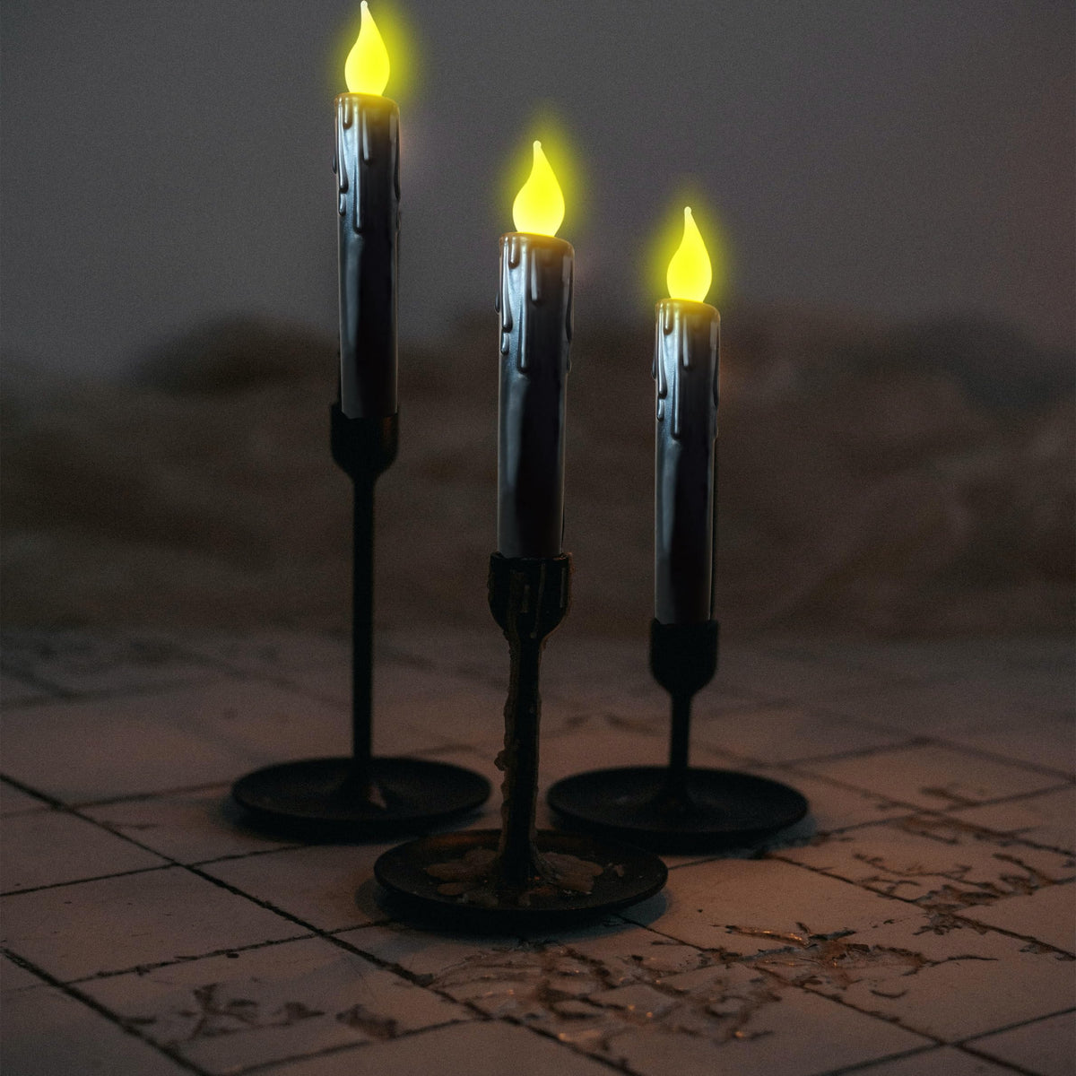 LINCOUNTRY Black Flameless Taper Candles with Timer, Real Wax Set of 2 Battery Operated LED Flickering Candlesticks, 6.75" Halloween Christmas Wedding Fireplace Decor