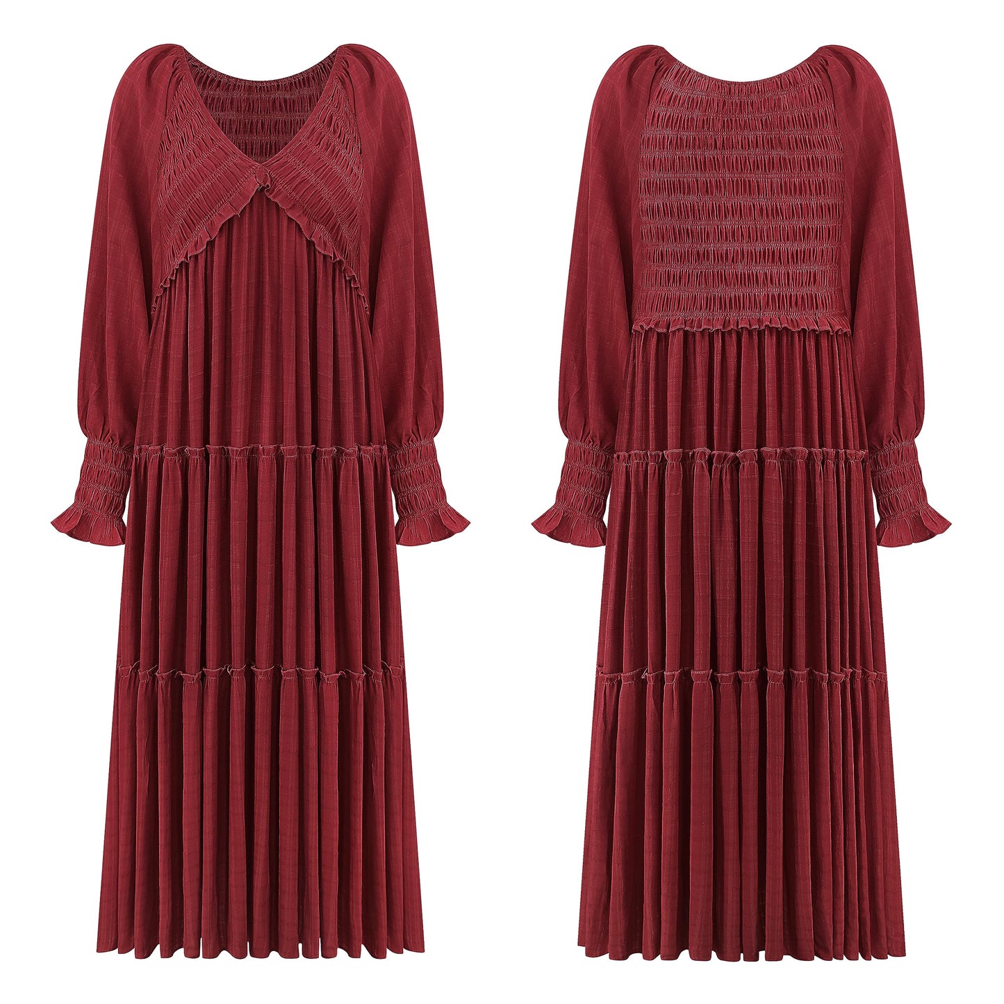 R.Vivimos Maxi Dress for Women Long Sleeve V Neck Empire Waist Layered Ruffle Boho Casual Flowy Long Dresses