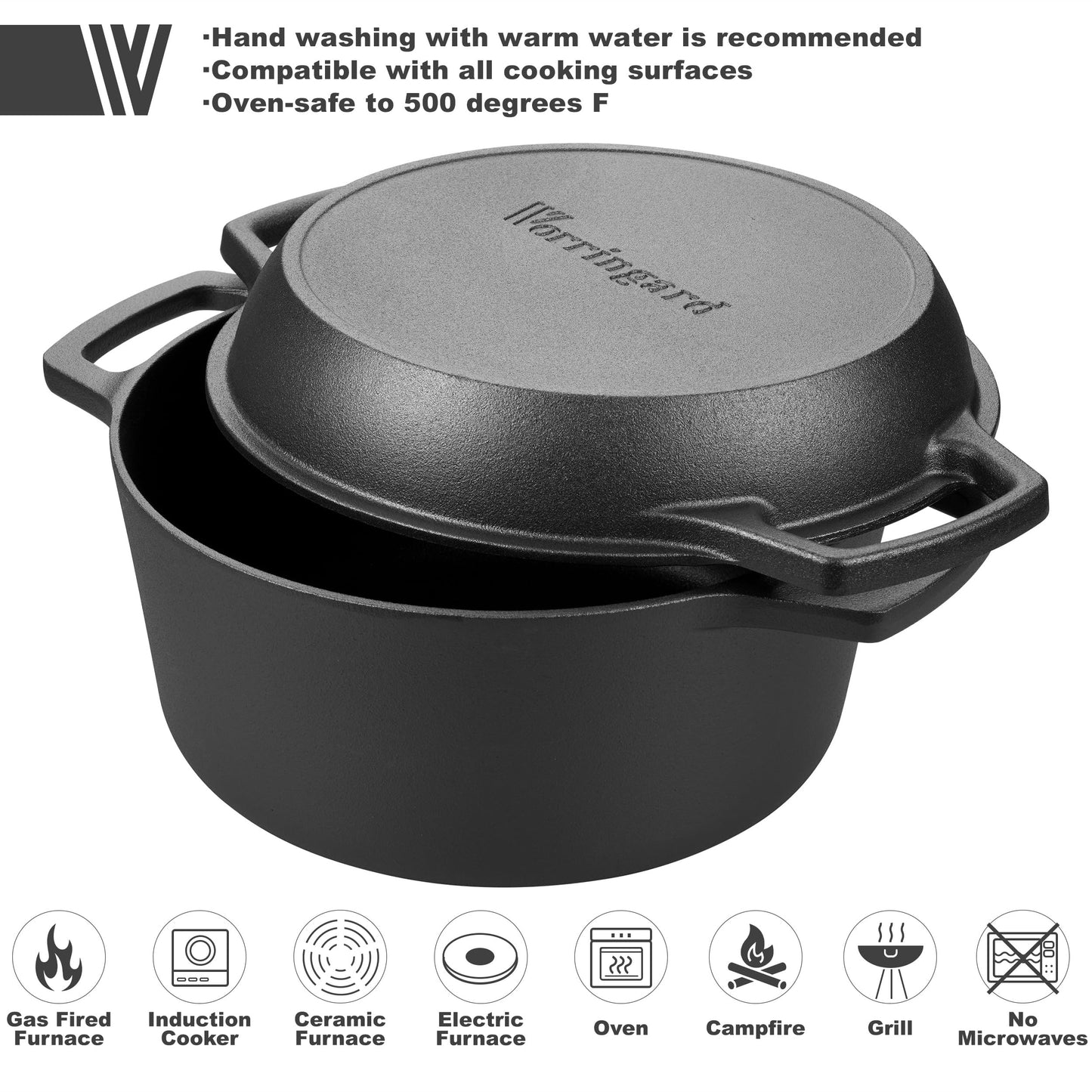 VORRINGARD Pre-seasoned Cast Iron Dutch Oven Pot with Skillet Lid, for Sourdough Bread Baking, Outdoor, Campfire, Camping Cookware, with Sourdough Bread Baking kit, 5qt