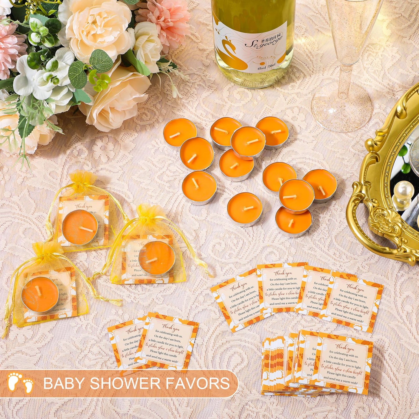 50 Sets Baby Shower Party Favors Including 50 Pcs Unscented Tealight Baby Shower Candles Gift Bags Cards for Gender Reveal Party Supplies(Orange)