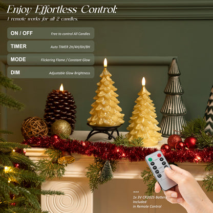 LUSHARBOR Flameless Candles with Remote Timer, 2 Pack Christmas Tree Candles Battery Operated LED Candles Real Wax Holiday Christmas Decoration for Bedroom Party Festival Gift Gold