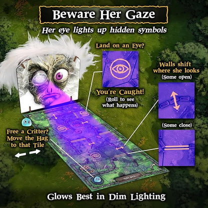 Enchanted Maze - A Light Up Board Game for Families | Ages 5+ 1-6 Players | Cooperative Competitive and Solo Play Options | with “Secret” LED Light up Tiles dice Animal Figurines and a Hag!