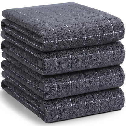 Homaxy 100% Cotton Terry Kitchen Towels(Dark Grey, 20 x 28 inches), Checkered Designed, Soft and Super Absorbent Dish Towels, Large 4 Pack