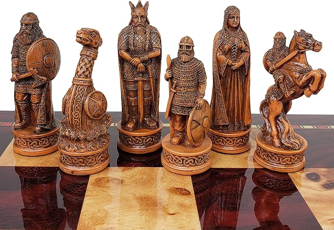 Antique Ivory &amp Brown Norse Viking Chess Set with 18 inch Cherry Color Board