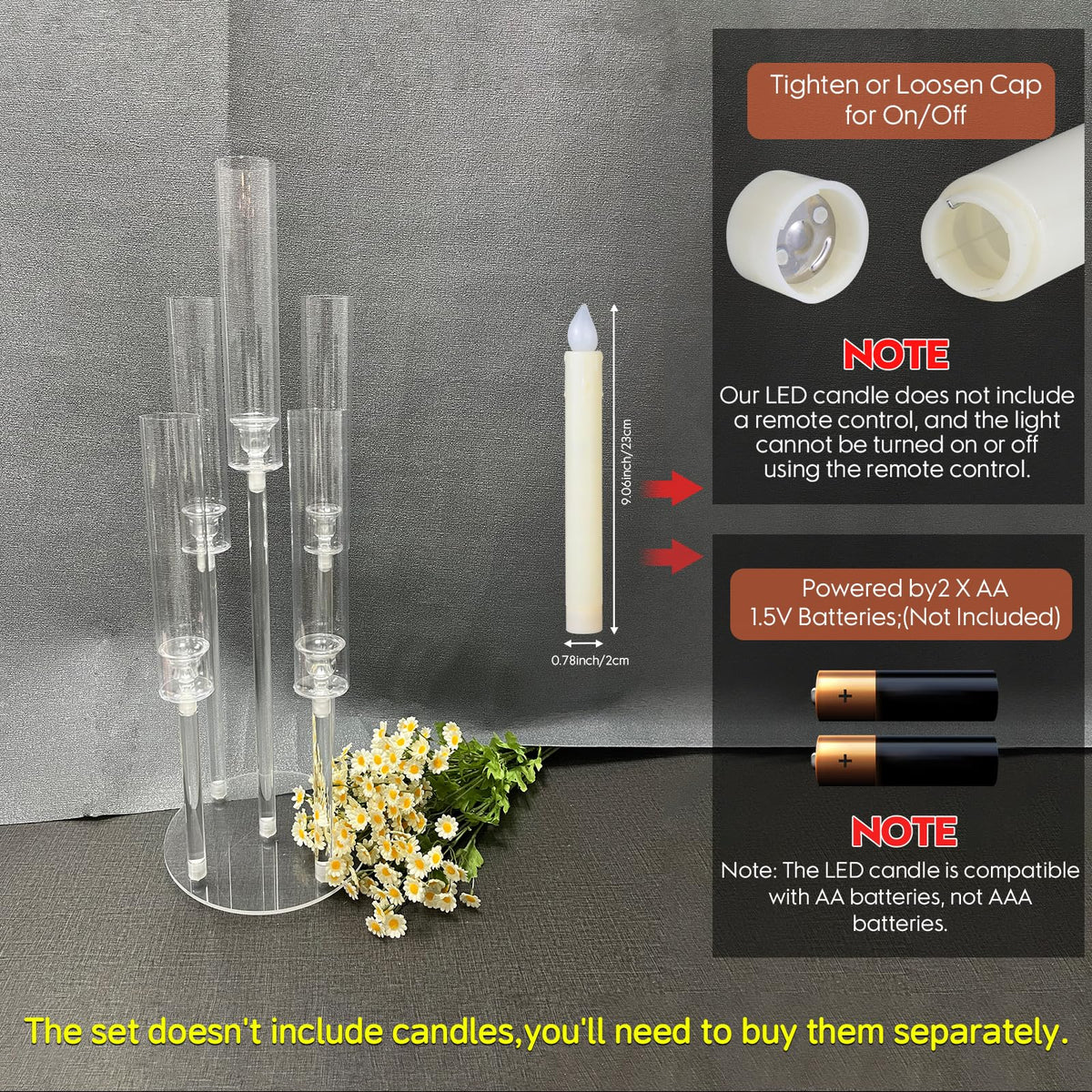 2Pcs 26.8'' Acrylic Candelabra Centerpieces for Wedding Table Decorations,Clear 5 Arms Candlesticks Holder with Acrylic Shade for Candlelight Dinner Party Fireplace Gift with LED Candle