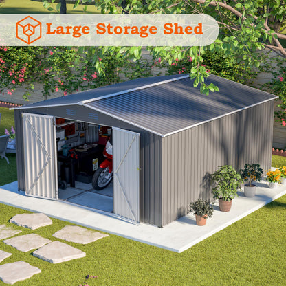 12'x14' Galvanized Steel Outdoor Storage Shed with Built-in Raised Metal Floor, Lockable Double French Hinged Doors & 4 Top Air Vents, Extra Large Garden Tool Shed, Gray