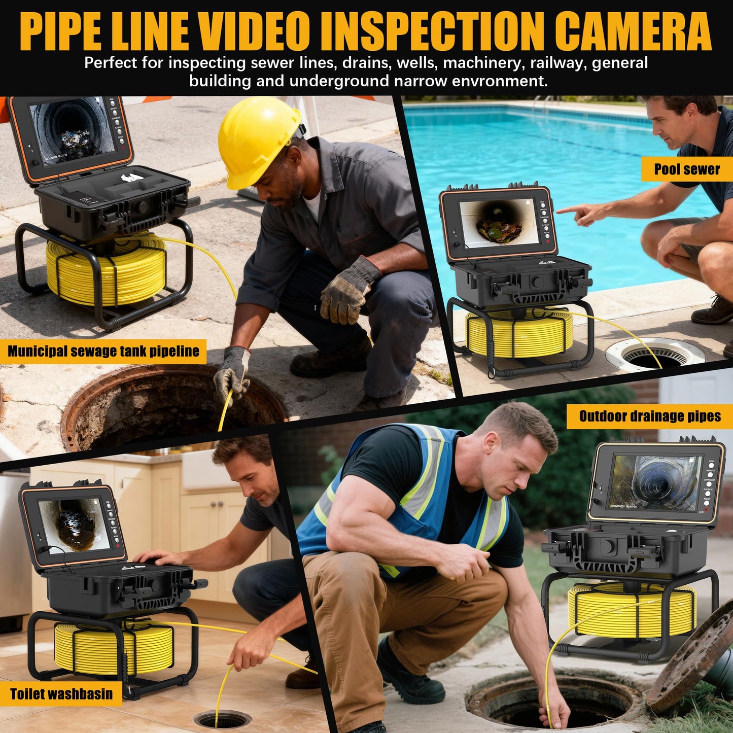 Sumkea Sewer Camera 100ft Self Leveling Drain Inspection Camera with 9" IPS Screen, HD Recording, Meter Marker Pipe Inspection Cameras for Plumbing, Sewer Line, Home & Commercial Inspections, IP68