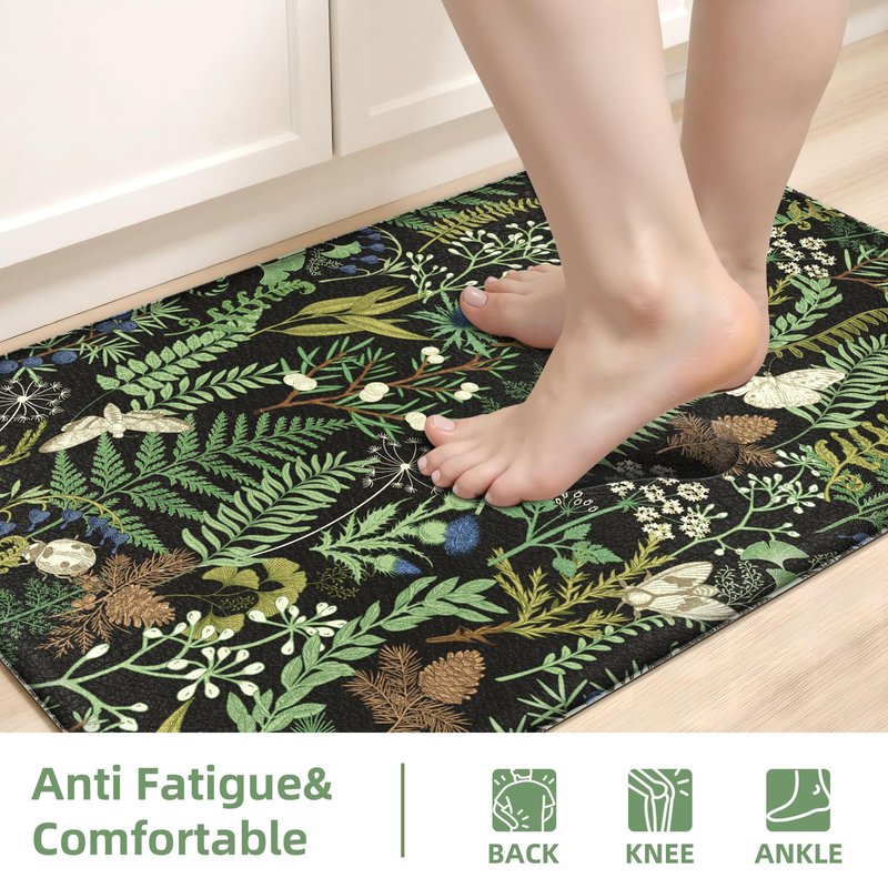 Black Green Botanical Kitchen Rugs Set of 2 Plant Leaf Anti-Fatigue Kitchen Mat Natural Comfort Standing Waterproof PVC Mats 2/5" Thick Leather Carpet for Laundry Office Sink(17.3" x28" + 17.3" x 47")