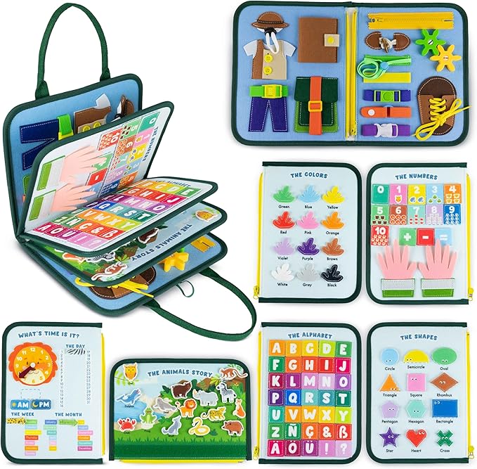 BONNYCO Busy Board for 1 Year Old Animals. Montessori Busy Book for Toddlers 1-3 2-4 Felt Quiet Book Baby. Montessori Toys Toddler Learning Toys for Travel Airplane Car. Educational Activity Board