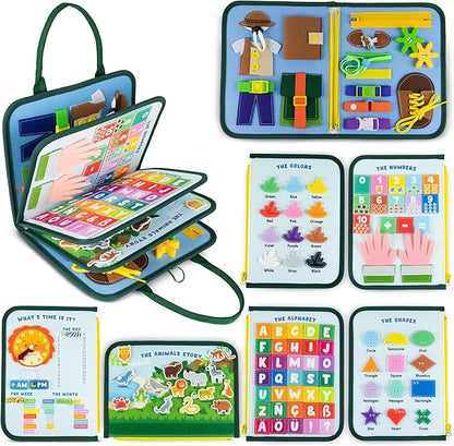 BONNYCO Busy Board for 1 Year Old Animals. Montessori Busy Book for Toddlers 1-3 2-4 Felt Quiet Book Baby. Montessori Toys Toddler Learning Toys for Travel Airplane Car. Educational Activity Board
