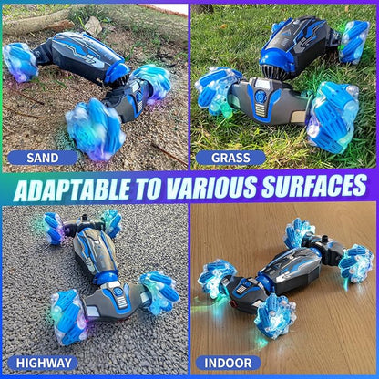 4WD Stunt Car 2.4 GHz Gesture Sensor RC Cars Double-Sided Vehicle 360° Flip RC Twist Buggy with Music Spray - Best Christmas and Birthday Present for Boys and Girls Aged 6-12 (Blue)