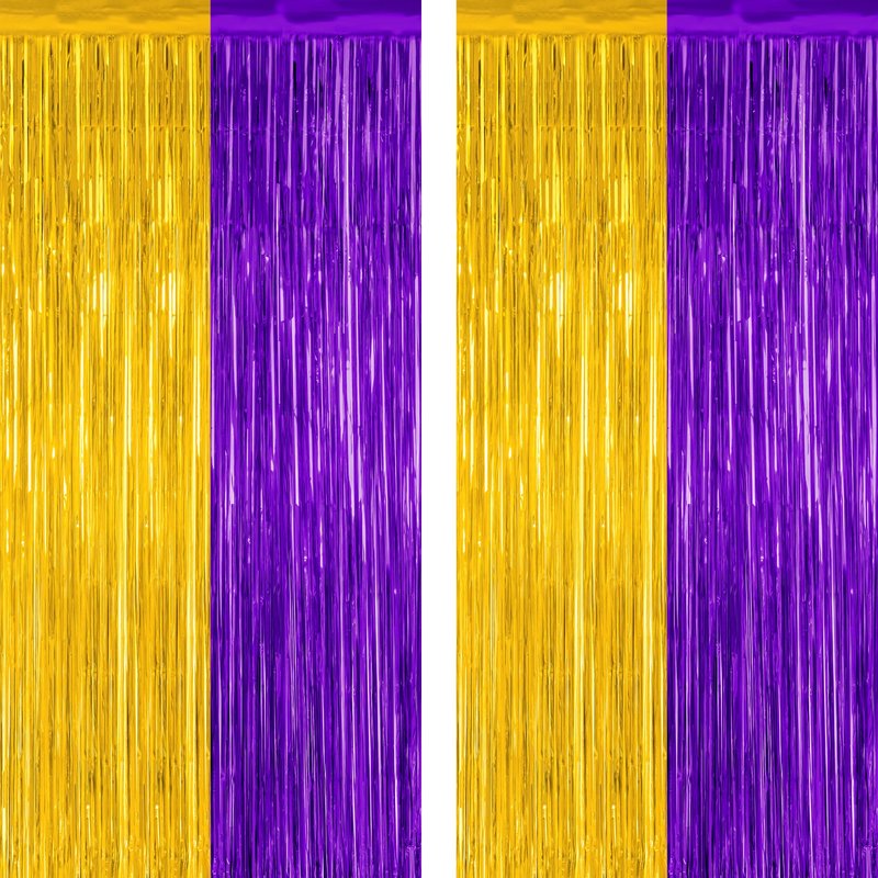 2 Pack Graduation Backdrop, 3.28 FT x 7.05 FT Grad Party Decorations 2026, Purple Gold Backdrop Foil Fringe Curtains, Metallic Purple and Gold Graduation Decorations Class of 2026 Decor