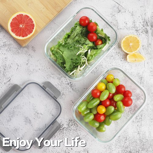HOMBERKING 4 Pieces 63oz/8cup Large Glass Food Storage Containers with Lids, Meal Prep Containers, Airtight Bento Boxes with Leak Proof Locking (2 Containers 2 Lids), Microwave,Oven,Fridge Safe-Grey