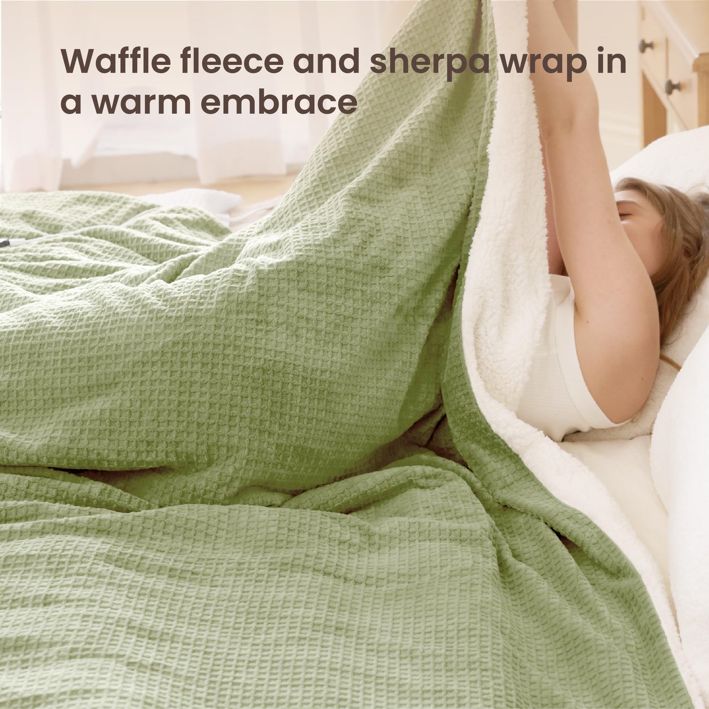 blunique Heated Blanket Electric Blanket Queen Waffle, 84x90 Inches Dual Controllers Sherpa Fleece Fast Heating Blanket 6 Heating Levels & 10 Hours Auto Off ETL Certification, Sage Queen