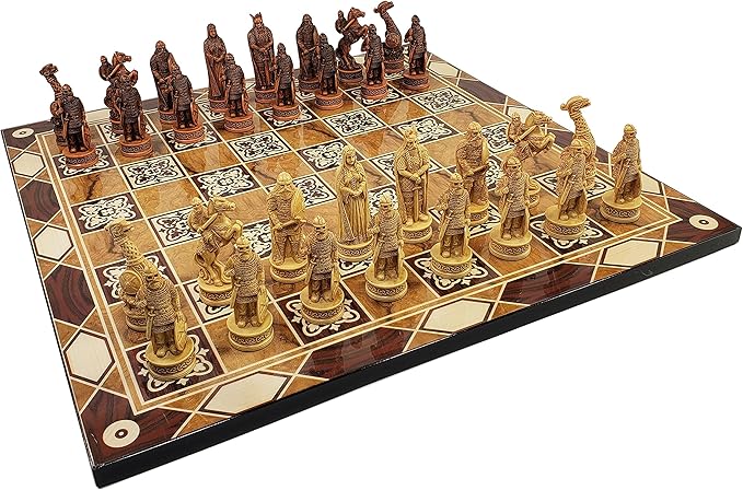 Antique Ivory &amp Brown Norse Viking Chess Set with 17 Burlwood Color Board