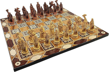 Antique Ivory &amp Brown Norse Viking Chess Set with 17 Burlwood Color Board