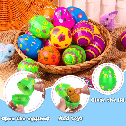 Envotek 24 Pack Plastic Printed Easter Eggs, 2.4 Inch Fillable Empty Eggs Bulks for Easter Eggs Hunt, Easter Basket Stuffers Fillers, Classroom Prize Supplies, Filling Treats and Party Favors