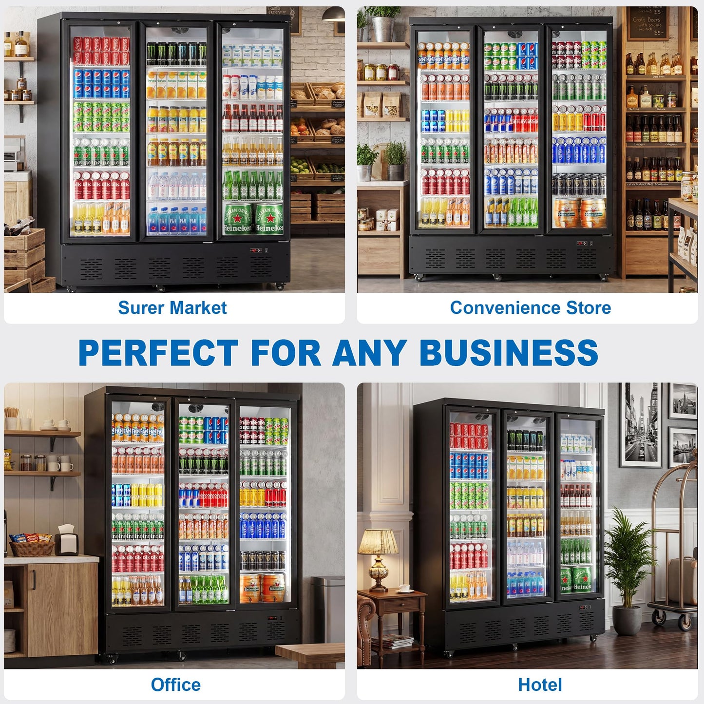 Ferueo 45 Cu.Ft Commercial Beverage Refrigerator, 2 Glass Door Merchandiser Refrigerator with Lock, Upright Reach-in Display Cooler for Restaurant, Bar and Grocery, 10 Adjustable Shelves, 32°F-47°F