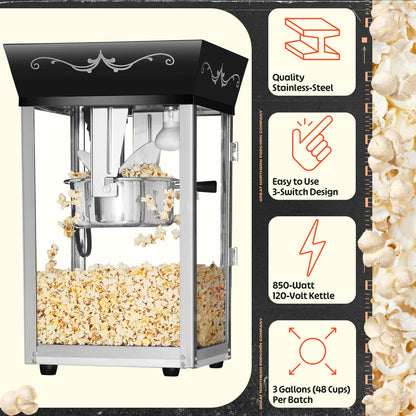 Matinee Popcorn Machine - 8oz Popper with Stainless-Steel Kettle, Reject Kernel Tray, Warming Light, and Accessories by Great Northern Popcorn (Black)