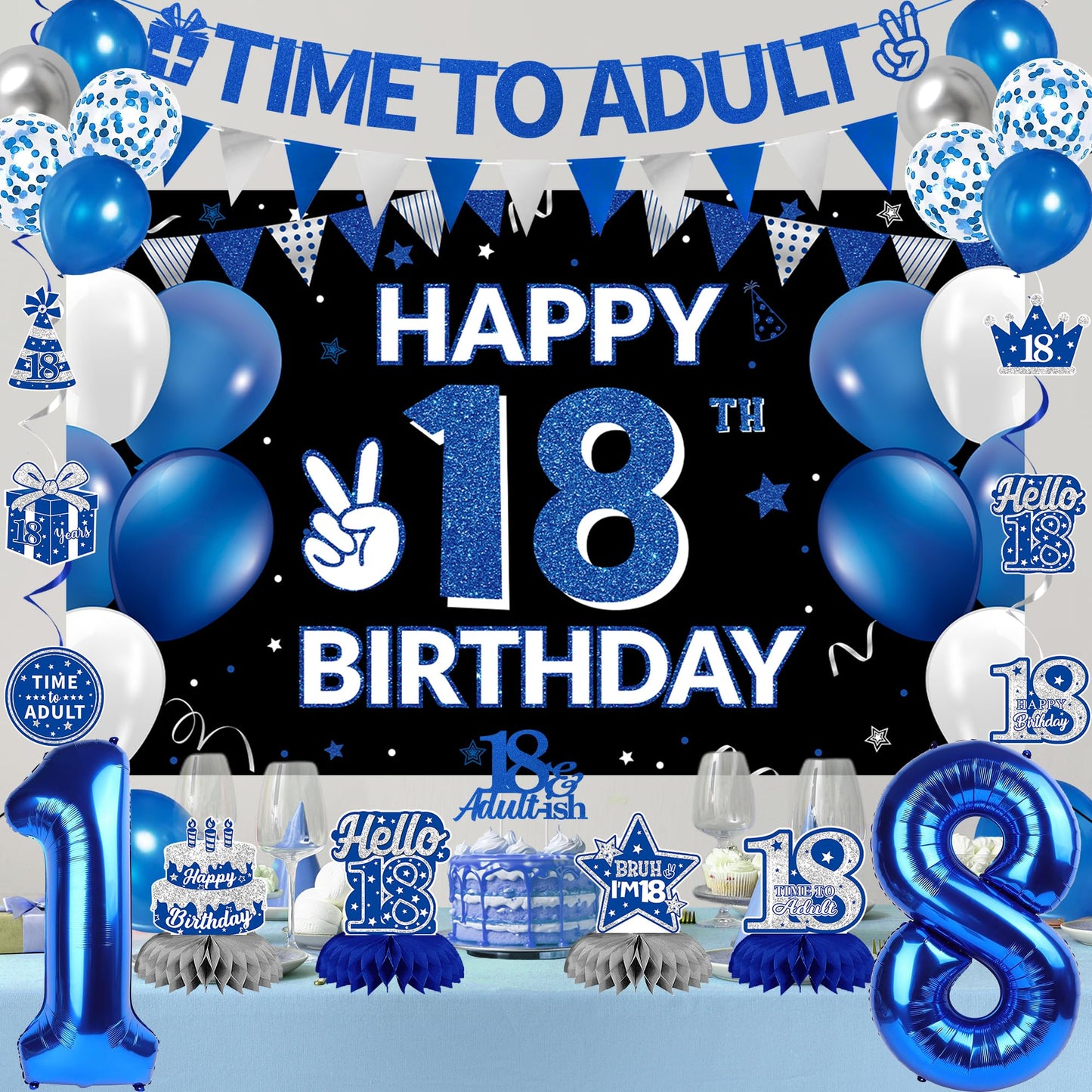 DARUNAXY 18th Birthday Party Decorations for Boys Girls, Blue Time To Adult 18 Banner, 18 Number Balloons & Cake Topper, Cheers To 18 Years Old Birthday Honeycomb Hanging Swirl Confetti Balloons