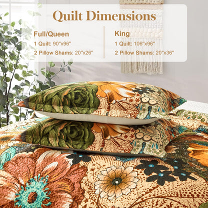 Boho Floral Quilt Sets King Size Reversible Mid Century Quilt Bedding Set Bohemian Design Soft Bedspread 3 Pieces Microfiber Lightweight Coverlet with 2 Pillow Shams for All Seasons, 106''x96''