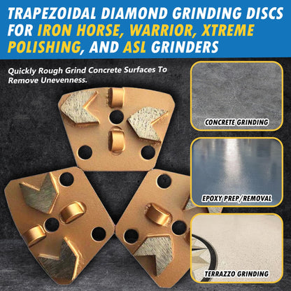 Trapezoidal Diamond Grinding Discs for Iron Horse, Warrior, XtremePolishing & ASL Grinders, PCD Clockwise, Set of 3PCS