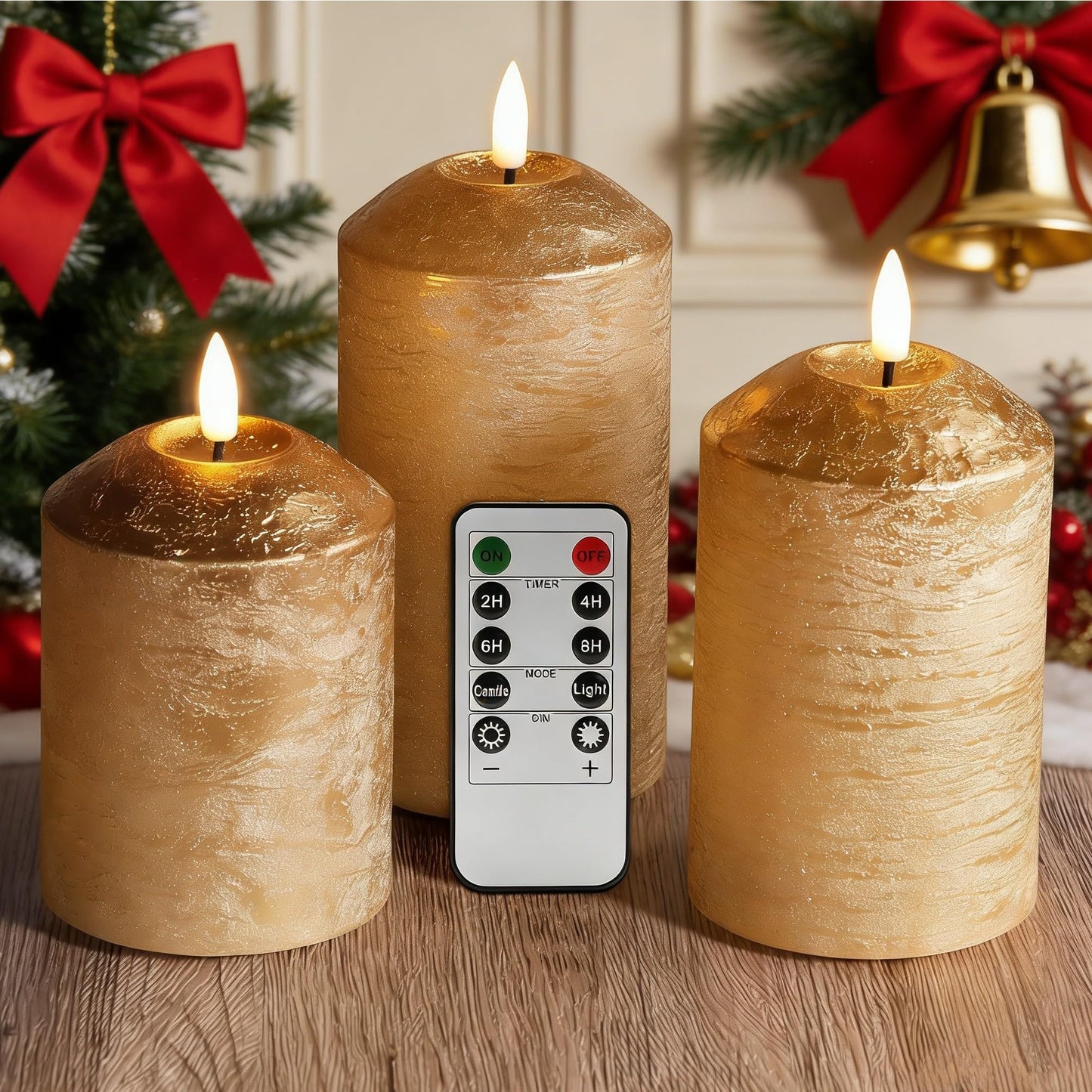 Eywamage Gold Flameless Pillar Candles with Remote, Flickering LED Wax Candles Battery Operated Set of 3
