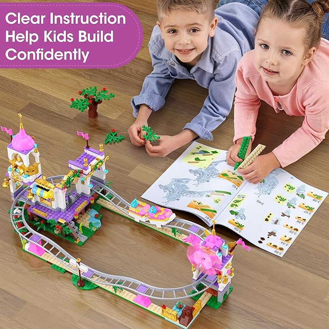 Castle Roller Coaster Building Set STEM Amusement Park Construction Kit for Kids Creative Pink Playground Blocks Birthday for Girls Boys Ages 6-12 (749Pcs)