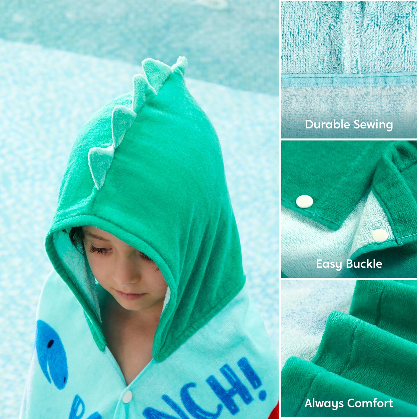 Joiedomi Dinosaur Hooded Towels for Kids Soft 100% Cotton Kids Beach Towel 30" x 50" for 3-8 Years Boy Girl Beach Hooded Poncho Absorbent Pool Toddler Swim Bath Wrap