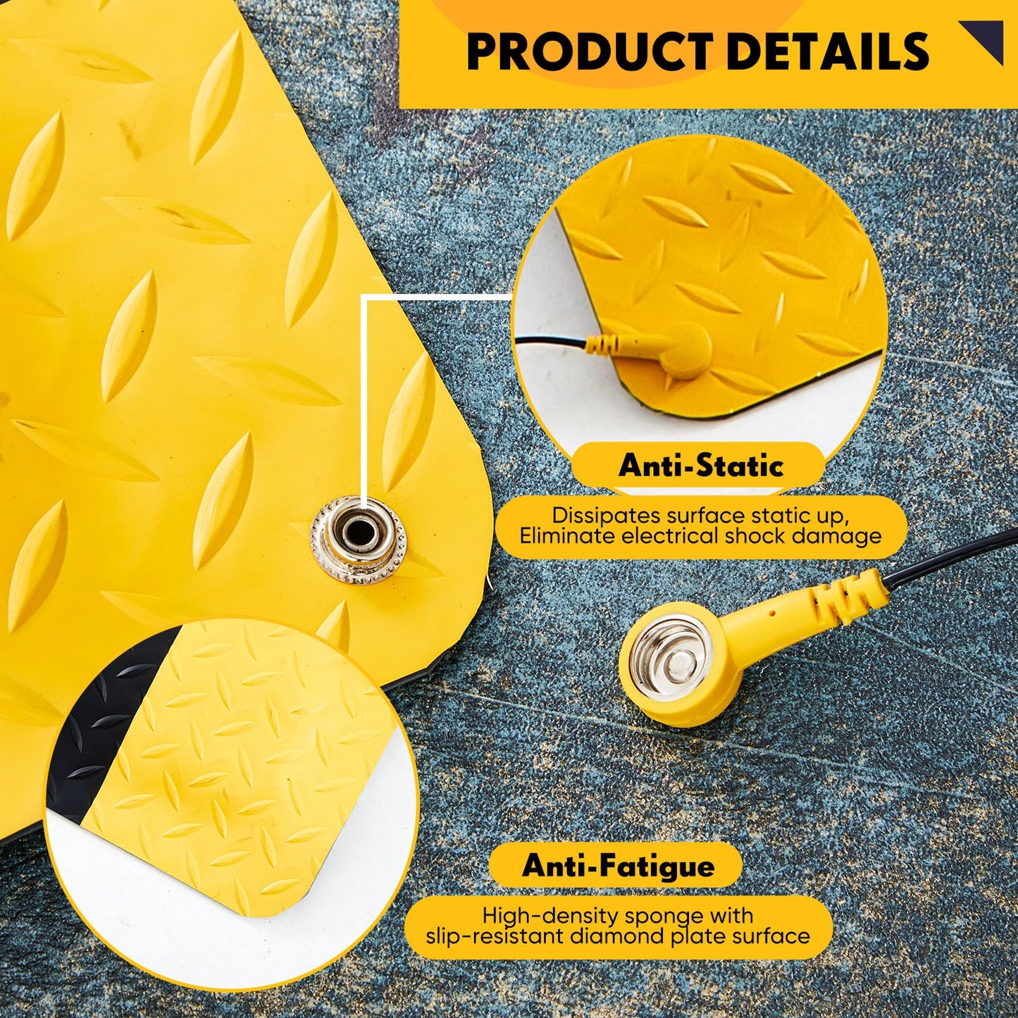 Drydiet 1 Pcs 3'x5' Anti Fatigue Mat Industrial, ESD Conductive Pad with Ground Wire, Heavy Duty Ergonomic Standing Floor Mat for Commercial Work, Shop Stand, Thick 3/4" Black with Yellow Border