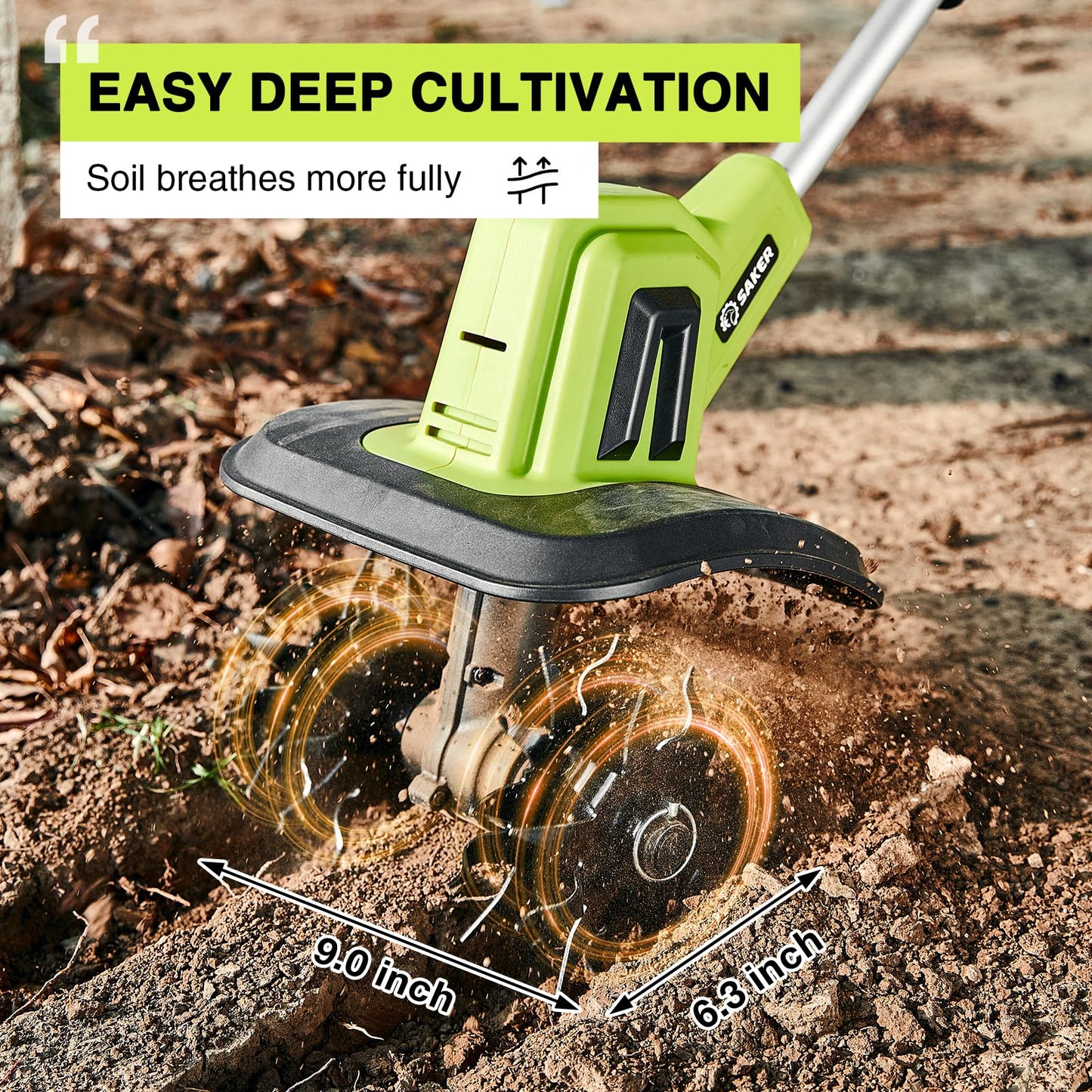 Saker 22V Cordless Electric Garden Tiller Cultivator, Lightweight Rototiller for Gardening, 9-Inch Tilling Width, 6.3-Inch Depth for Soil Preparation, Weeding, and Gardening 2 Batteries SK-TC18B
