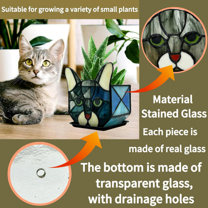Entlityful Stained Glass Cat Tea Light Candle Holder Glass,Pencil Holders for Desk,Funny Cactus Pot,Gift for Cat Lover