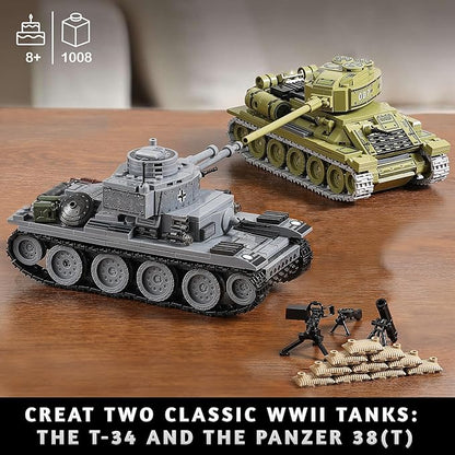 WW2 Army Tanks Toy Building Sets (1008 Pieces) Compatible with Lego Create a Soviet T-34 &amp German Panzer 38(t) Tank Great Military Model Toys Gift for Boys Kids and Teens Age 8+
