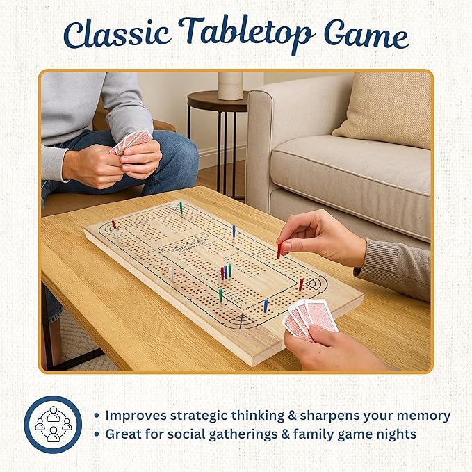 WE Games 4 Player Wooden Cribbage Board Solid Natural Wood 4 Track Board Plastic Pegs and Instructions Card Games for Families and Adults