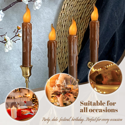 FCMSHAMD Brown Flameless Short Taper Candles, Real Wax Hand Dipped LED Battery Operated with Remote, Flickering Flame Lights for Festival Party Home Décor, 6.7 Inch Primitive Flameless Candles, 4PCS