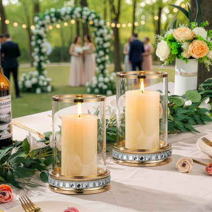2pcs Hurricane Candle Holder, Pillar Candle Holders with Clear Glass Sleeve, Small Crystal Lantern for Fall Thanksgiving Christmas Holiday Dining Table Centerpiece (Gold)