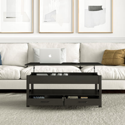 Panana Coffee Table, Lift Top Coffee Table with Hidden Compartment, 2 Drawers and 1 Open Shelf, Retro Central Wooden Table Lift Tabletop for Living Room (Black)