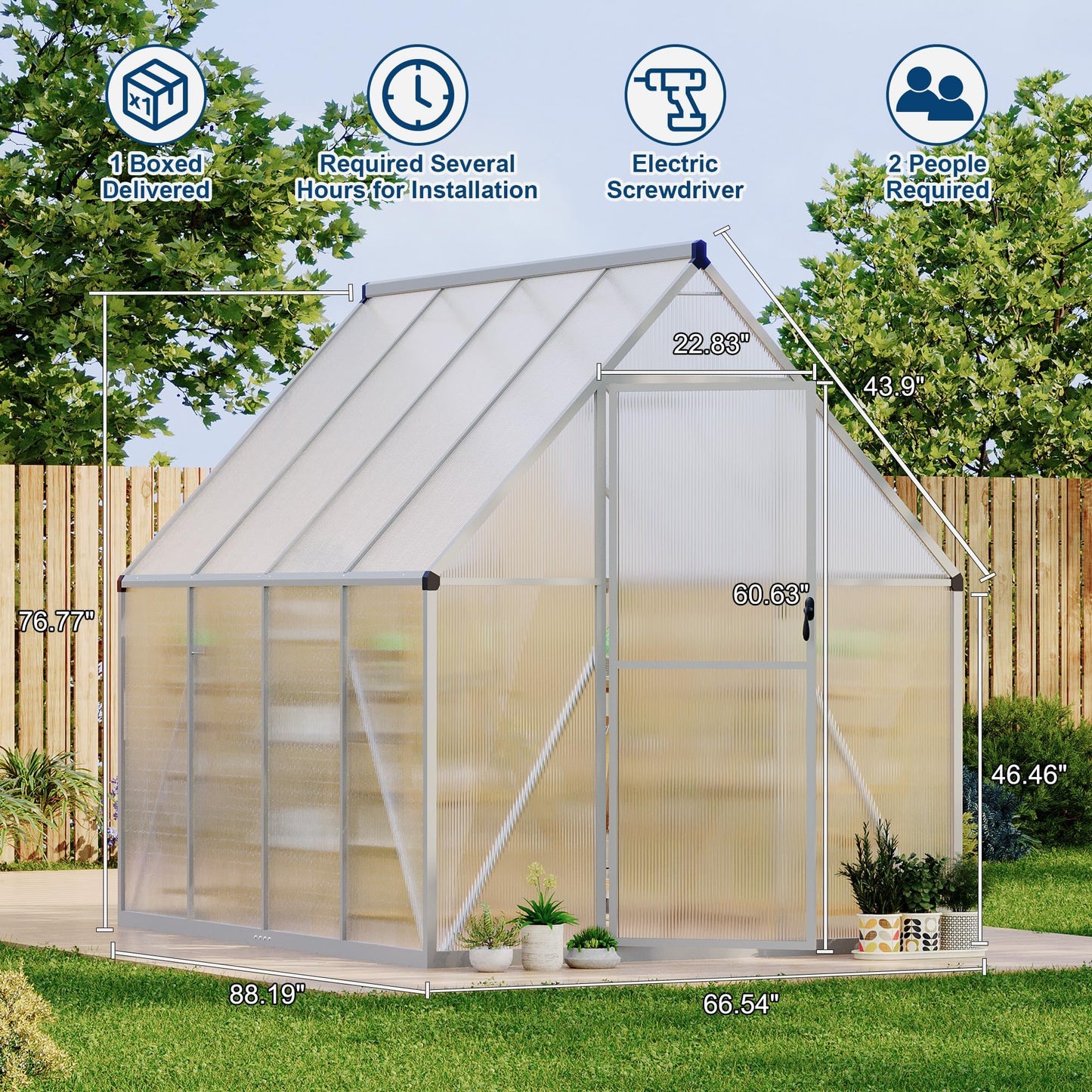 6x7 FT Heavy Duty Aluminum Polycarbonate Greenhouse – Large Walk-in Structure, Quick Setup, Roof Vent, Lockable Door, Rain Gutter – Ideal for Patio, Backyard, Garden – Silver