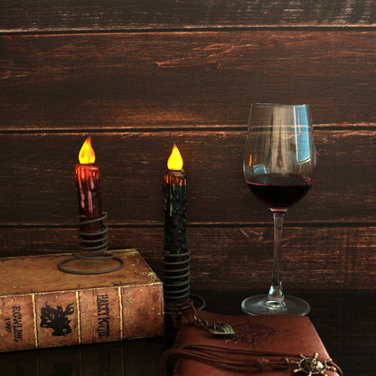CVHOMEDECO. Real Wax Hand Dipped Battery Operated LED Timer Taper Candles Country Primitive Flameless Lights Décor, 4-3/4 Inch, Burgundy, 2 PCS in a Package